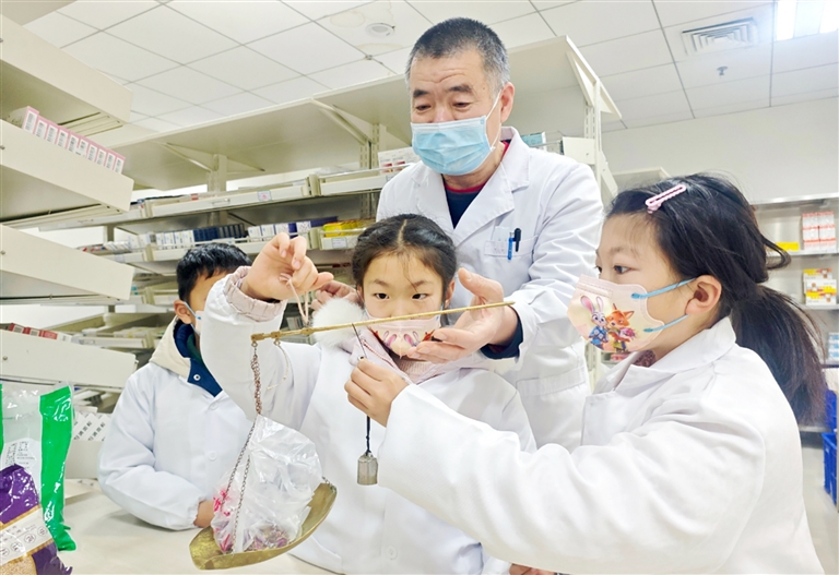 图为小学生在指导下称量中药材。 仲启新摄